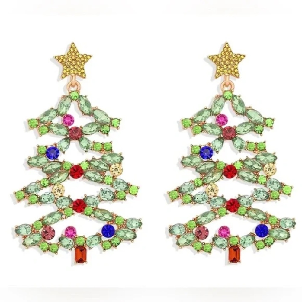 Bauble Bar Christmas Tree Earrings Statement Rhinestones and Crystals Gold 3" - Picture 2 of 8